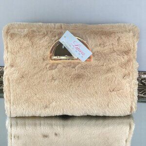 Linea Donna Tan Faux Fur Clutch Y2K Winter Glam Gold Handle Statement Purse‎